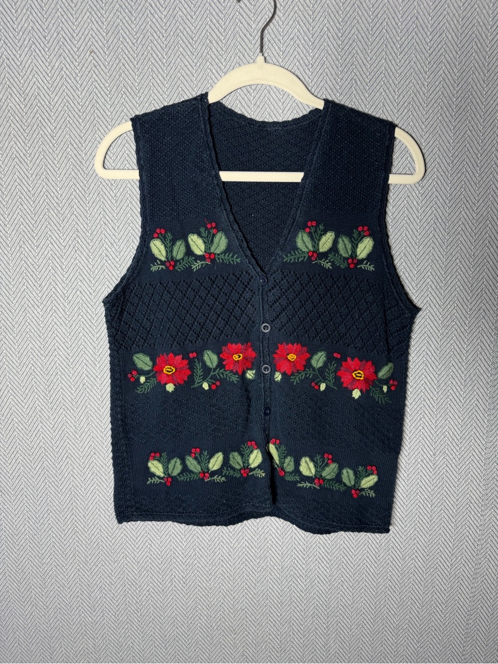 Navy Floral Knit Button-Up Vest